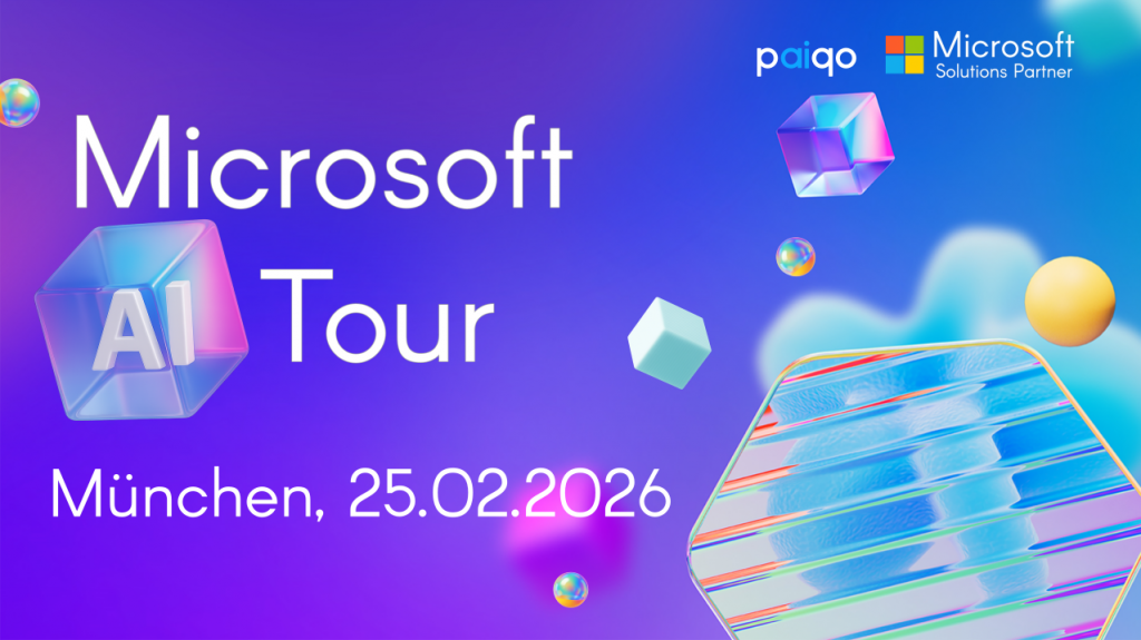 Microsoft AI Tour banner with colorful 3D shapes, 'München 25.02.2026' and Microsoft Solutions Partner logo