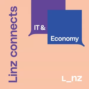 Peach background, vertical purple 'LinZ connects' text, overlapping speech bubbles saying 'IT & Economy' and 'L_nz' logo.