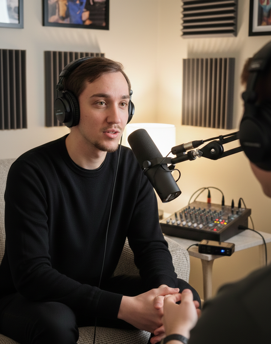 Young man in headphones speaking into a studio microphone beside an audio mixer in a home podcast setup.